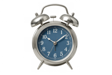 Retro silver alarm clock with blue face showing time and concept of daily schedule, morning routine