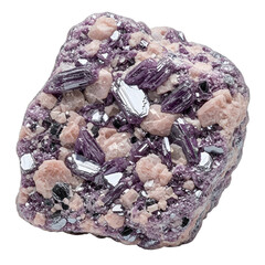 Rough lepidolite rock, purple mica, realistic lithium ore, sharp focus, high detail, isolated on transparent background. Ideal for geology, mineralogy, scientific studies, crystal healing,