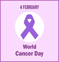 Сolorful banner for World Cancer Day with a purple ribbon and the inscription "World Cancer Day"