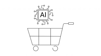 A shopping cart with an AI chip above it depicted in a line drawing