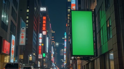 City street at night with a large green billboard and neon signs