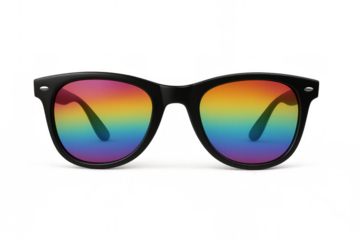 Black sunglasses with rainbow colored lenses symbolizing pride, fashion, and summer lifestyle on transparent background