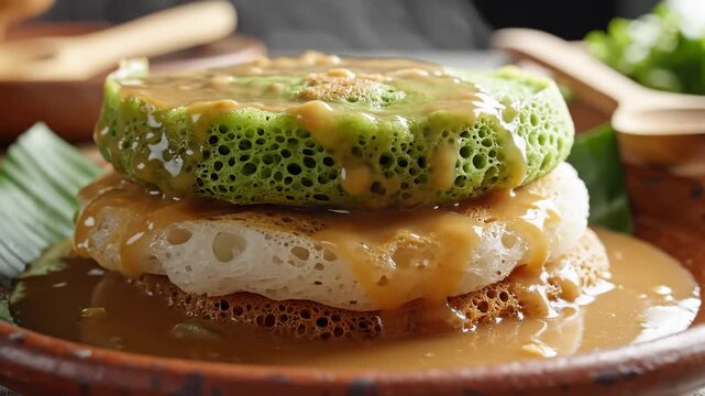 Serabi Indonesian Pancake Stack Drizzled With Sweet Sauce, Close Up