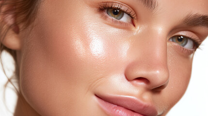 Obraz premium Glowing cheekbone hydrated skin soft complexion natural makeup smooth texture radiant face healthy glow close up beauty youthful appearance. image captures close up of glowing cheekbone with soft