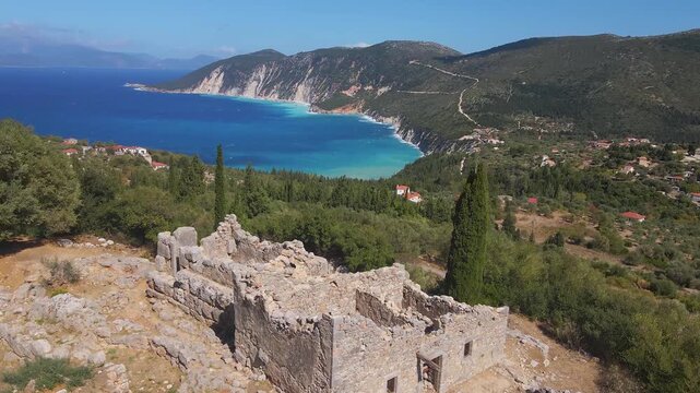 Far reaching mountain valley and bay view from Odysseus palace ruins in Ithaka Greece 4k
