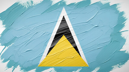 An artistic abstract rendering of the Saint Lucia flag, with a turquoise field and layered black, white, and yellow triangles painted in expressive textured brush strokes.