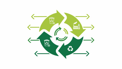 Green circular economy illustration depicting recycling, reuse, and sustainable production processes for environmental care