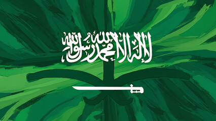 An abstract artistic depiction of the Saudi Arabia flag, featuring deep green tones and stylized Arabic calligraphy elements rendered in expressive textured brush strokes. 