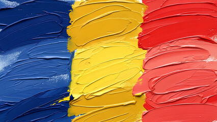 An abstract artistic interpretation of the Romania flag, featuring deep blue, golden yellow, and vibrant red vertical fields painted with expressive textured brush strokes and layered pigments.