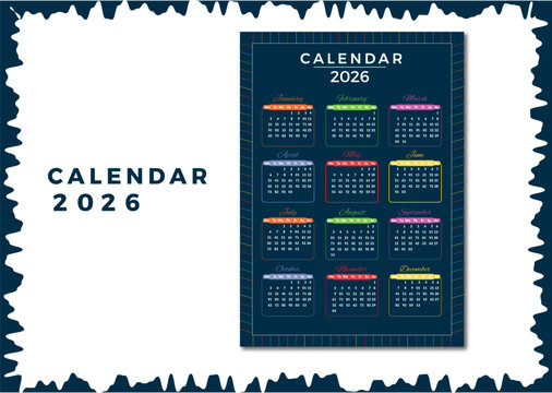 Printable wall or desk calendar template for 2026 - Simple design in dark blue A4  Monday Start blue