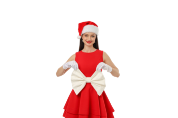 Woman in red dress with Santa hat and bow, isolated, PNG