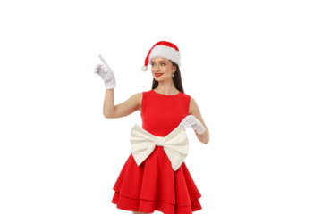 Woman in red dress and hat points with bow, isolated, PNG
