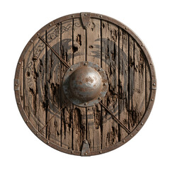 Realistic Viking style old wooden shield, round, rotting, sharp focus, high detail. Isolated on transparent background, ideal for historical game assets, fantasy designs, educational content,