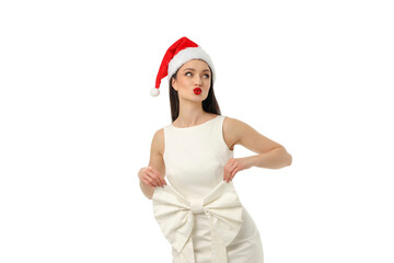 Woman in white dress and Santa hat with bow, isolated, PNG