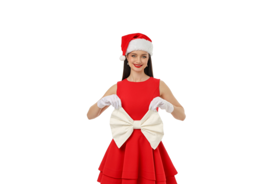 Woman in red dress with Santa hat and bow, isolated, PNG - Powered by Adobe
