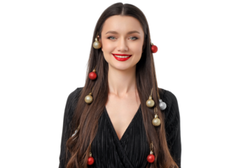 Woman smiling with Christmas ornaments in her hair, isolated, PNG