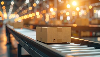 Cardboard box on automated conveyor belt in modern logistics warehouse for efficient shipping and delivery