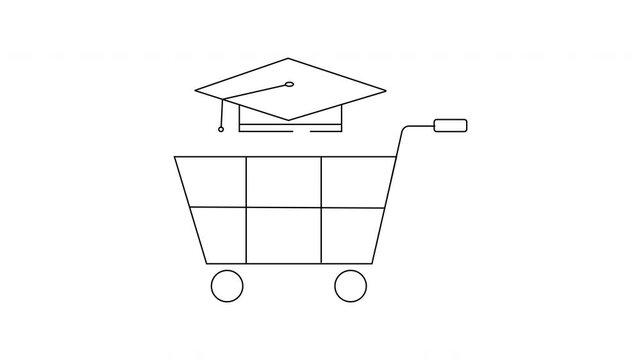 A shopping cart contains a graduation cap showcasing education as a purchasable concept
