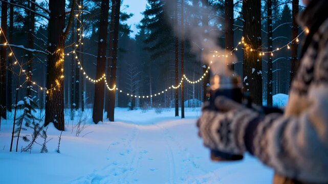 Person holds an insulated travel mug while standing in a snowy woodland at dusk. Knitted mittens and patterned sweater convey cold weather and cozy warmth. Soft string lights glow blurred in the backg