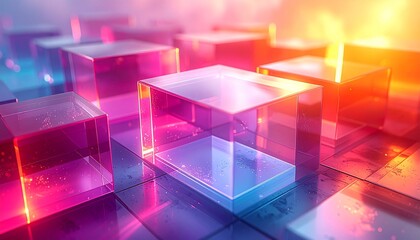 Abstract background with transparent glass cubes reflecting vibrant gradient light, digital technology concept.
