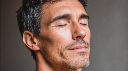 Obraz premium Man with eyes closed resting in spa ambiance soft amber light relaxed expression close up healthy skin peaceful mood adult male serene atmosphere