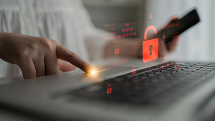 Digital security concept illustrating a cybersecurity breach, with a red unlocked padlock...