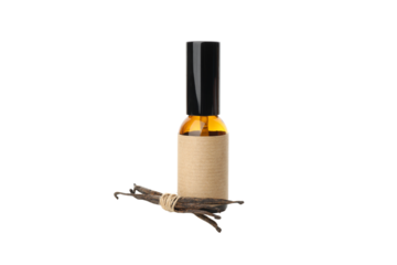 Vanilla extract in glass bottle with pods, isolated on white, PNG