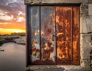 Rusty old metal doors on a stone building next to water, under a colorful sunset