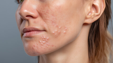 Obraz premium Close up of woman face with irritated skin texture, showing acne, redness, and blemishes on cheek, highlighting skin issues and imperfections in studio setting