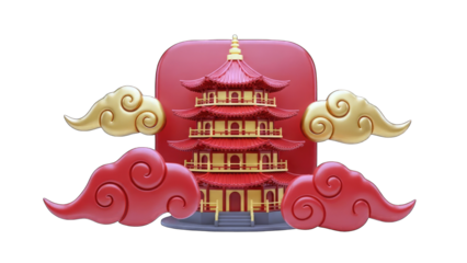 3D Rendered Chinese Pagoda with Clouds on White Background