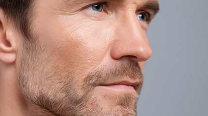 Fototapeta premium Close up male face with soft visible imperfections, light stubble, blue eyes, and natural skin texture, captured in bright grey studio lighting, expressing calm confidence