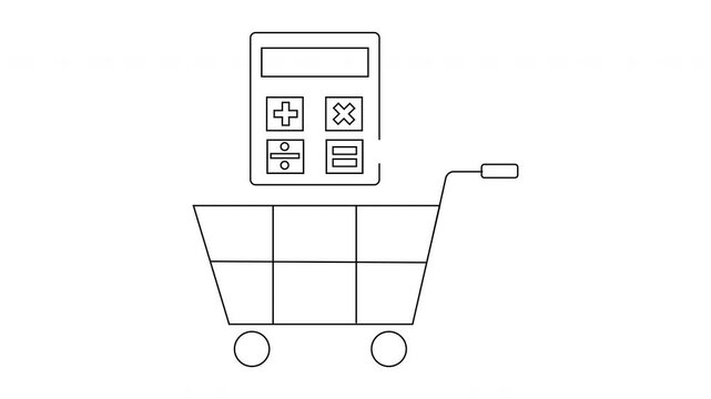 A line drawing of a shopping cart with a calculator above it