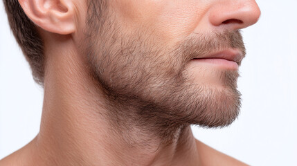 Obraz premium Close up male face with natural skin texture, soft pores, light stubble, and subtle facial hair on jawline, healthy complexion, neutral expression, white background