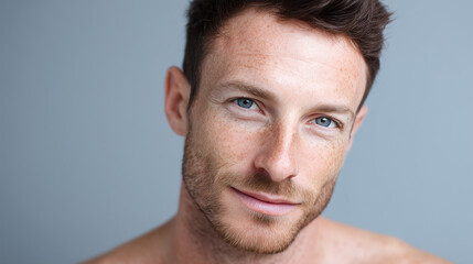 Obraz premium Close up portrait of young adult male with blue eyes, light skin, short brown hair, subtle smile, visible freckles and soft imperfections across nose and cheeks, neutral background