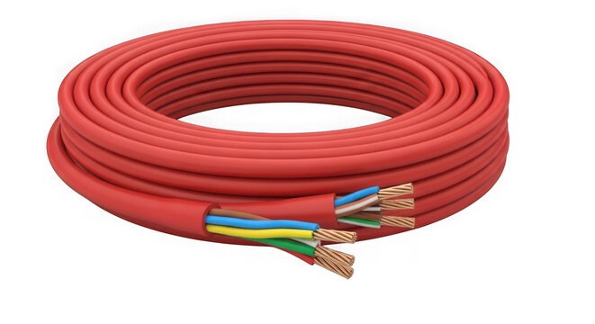 Red electrical cable coil with exposed inner wires isolated on transparent background