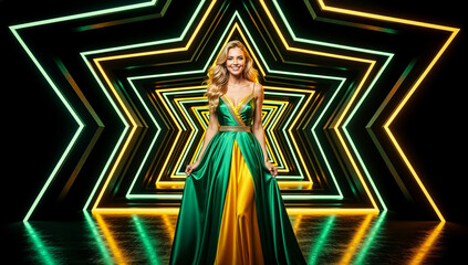 Fototapeta premium A glamorous blonde in a flowing emerald-yellow gown poses confidently in a neon star-lined tunnel, blending fashion and futuristic vibes