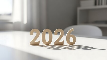 Minimalist studio photography of bold white numbers “2026” placed in front of a modern fabric banner
