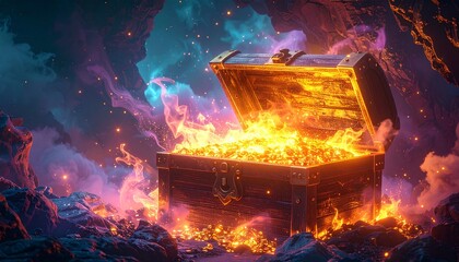 Glowing Open Treasure Chest with Fiery Gold in Mystical Fantasy Cave Environment