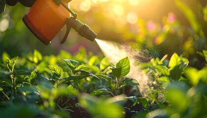 Hand spraying water on green plants with an orange garden sprayer under golden hour sunlight