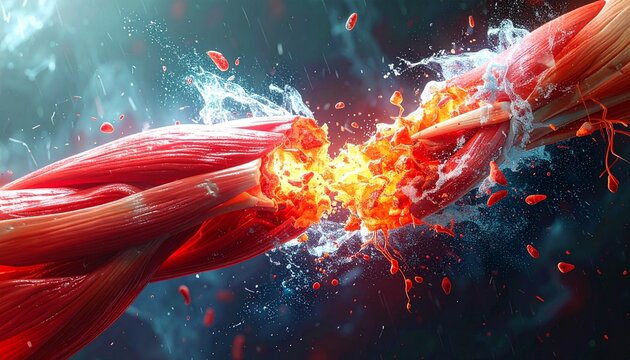 Muscular tissue rupture with explosive energy and fluid splashes, illustrating injury, inflammation, and cellular damage.
