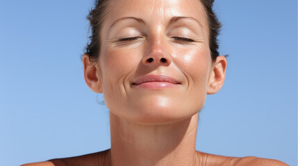 Close up luminous skin with natural texture eyes closed relaxed expression healthy adult woman sunlit smooth complexion outdoor serene mood blue sky background