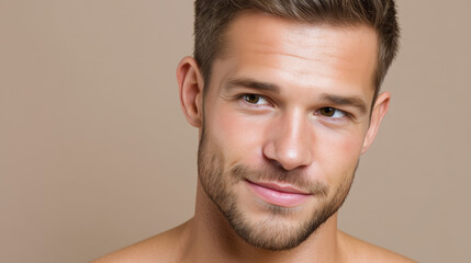 Obraz premium Man with subtle glow natural healthy skin tone soft beige background, confident expression, short brown hair, stubble, youthful male portrait, spa concept, relaxed mood