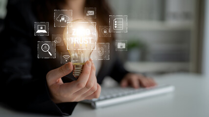 Fototapeta premium Zero trust model enhances data protection. Zero trust blocks unauthorized access, secures devices, zero trust defends networks, and zero trust verifies users continuously. Latch