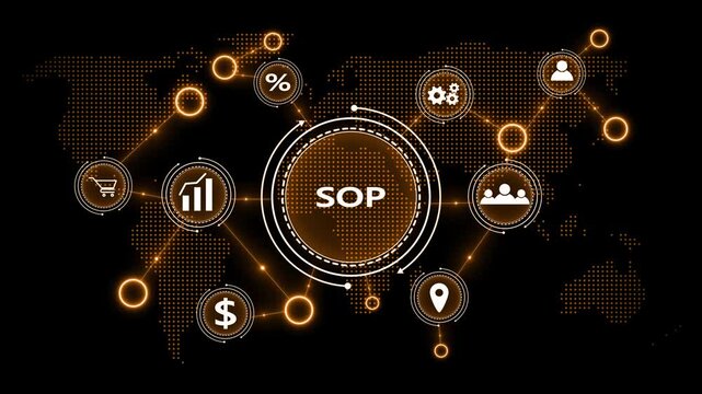 Global SOP network with orange digital icons on a world map standard operating procedure