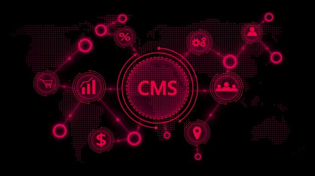 Digital CMS network with world map and icons on black background content management system technology