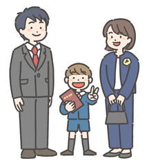 Fototapeta premium 卒園の証書を持って笑顔の、男の子の園児と家族