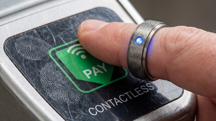 ai driven payment solution technology concept. Contactless payment ring being used on a payment terminal.