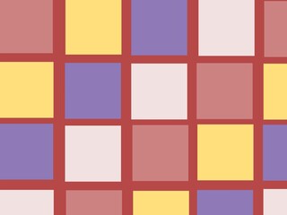 Seamless geometric square pattern featuring soft pastel bloks in yellow,lavender,blush pink,and cream, arranged in a grid with bold red lines.Modern,playful,and perfect for backgrounds or packaging 
