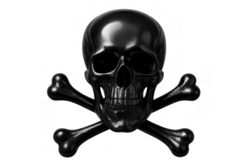 Black glossy skull and crossbones symbol representing danger, poison, and mortality. Transparent background