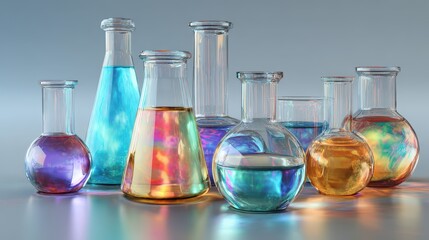 Group of colorful laboratory glassware with chemical liquids
